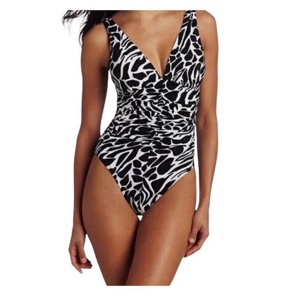 MIracleSuit One Piece Bathing Suit Sonatina Go Boldly Black & White Ruched Front